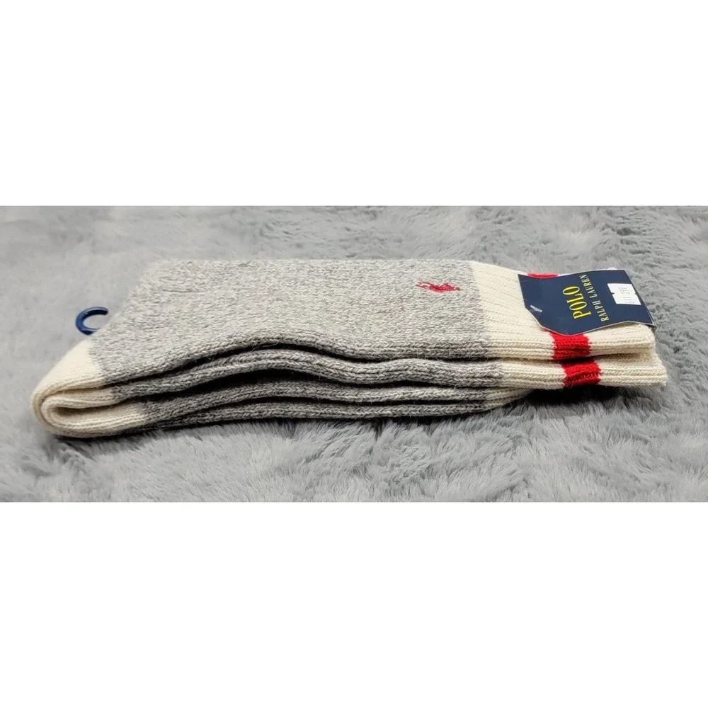 Polo Ralph Lauren Ragg Wool Boot Socks Mens 10-13 Gray Red Stripe Pony Mid Calf